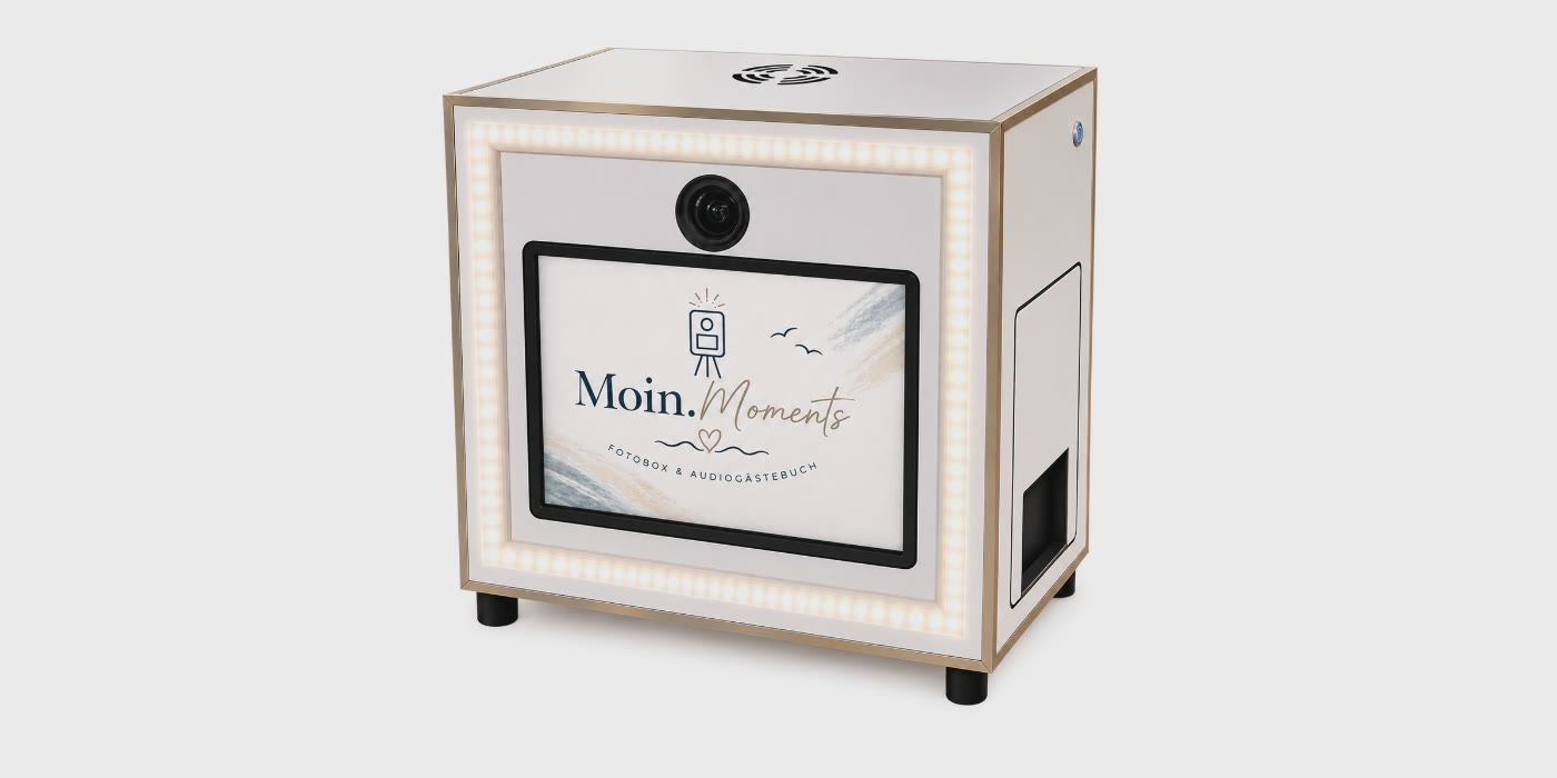 Weiße Moin.Moments Fotobox mit Bildschirm und Kameralinse