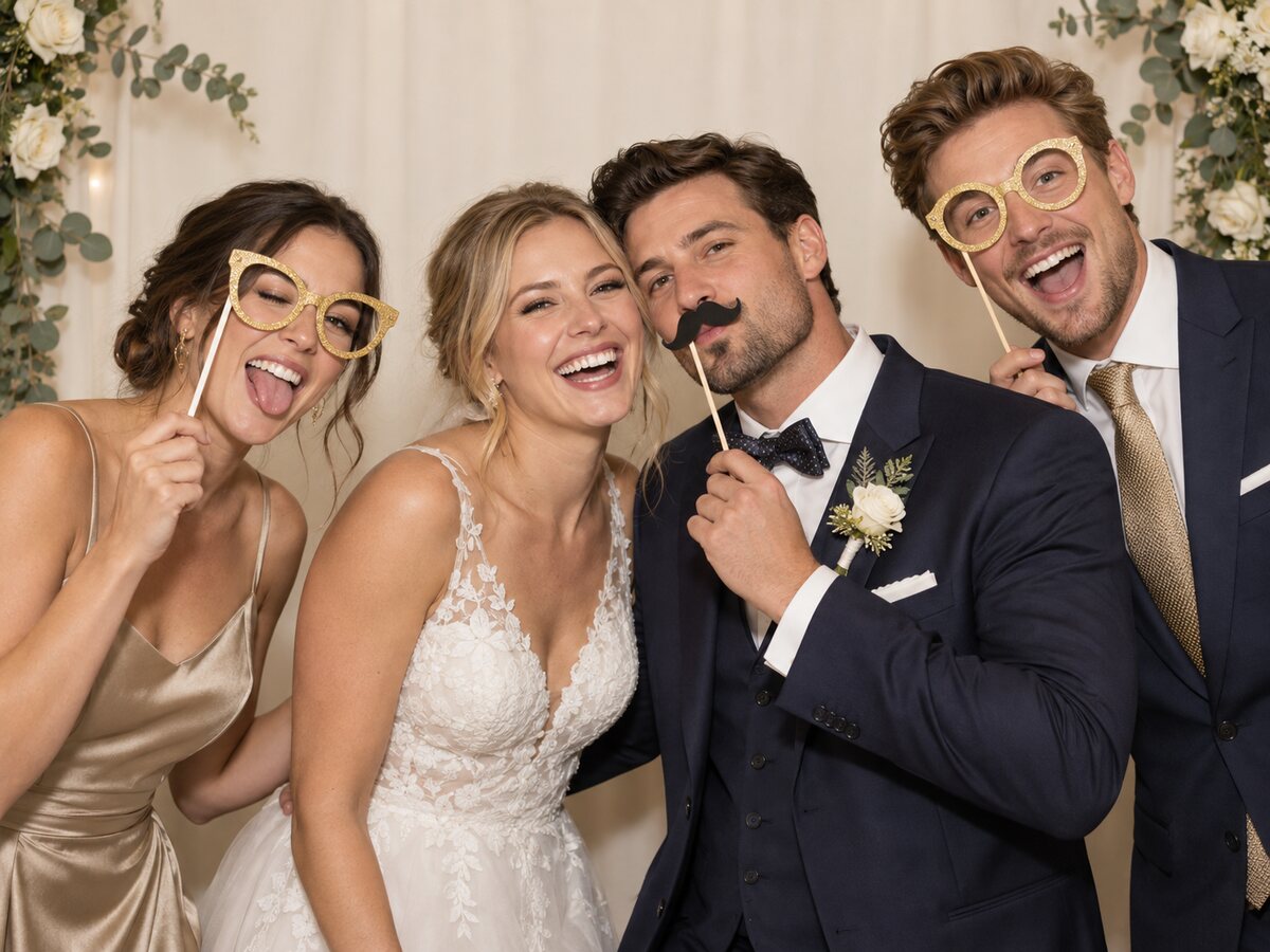 Fiktives Hochzeitsmotiv: Ein Brautpaar und zwei Gäste posieren mit Fotobox-Requisiten.